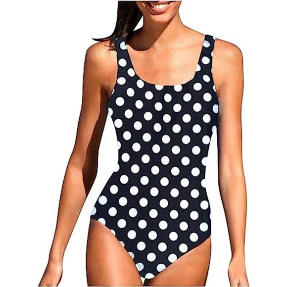 New Ladies Black White Cross Back Polka Dot One Piece Swimsuit  S - Picture 1 of 10